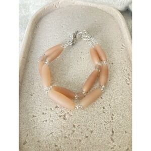 Peach Beaded Double Strand Bracelet Silver Tone Filigree Romantic Feminine